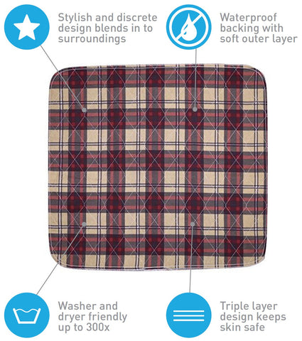 Plaid Waterproof Washable Seat Pad (20 x 22 Inch) for Incontinence - Seniors, Adult, Children, or Pet Underpad - Triple Layer Chair Cover Protector, 24 Ounce Absorbency